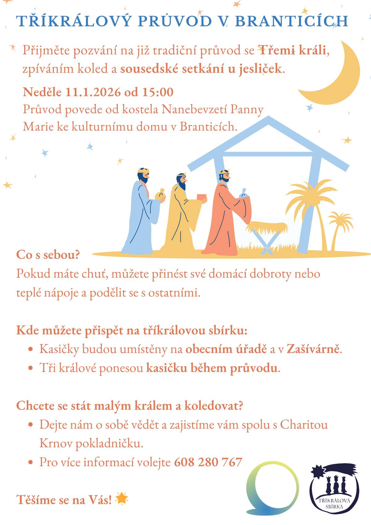 Pozvánka na tříkrálový průvod, který se uskuteční v neděli 11.1.2026