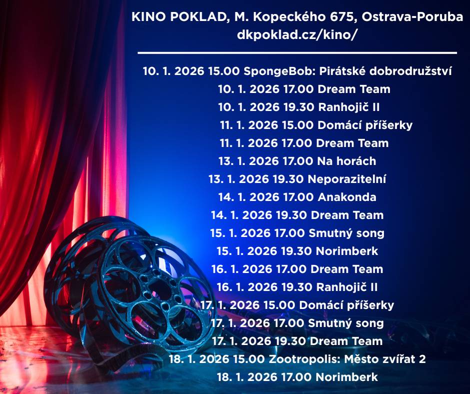 📍 Kulturní, společenské i sportovní akce v Porubě – kam vyrazit v následujících dnech? ✅ DK Poklad 🗣 Improvizační show Život – 10. 1. 2026 od 19.00 🎭komedie Hodiny s Ritou – 14. 1. 2026 od 19.00 🎷 swingový koncert Jana Smigmatora & Scotta Hamiltona – 18. 1. 2026 od 17.00 ℹ  dkpoklad.cz ✅ Ateliér BeLucky ☕ Kurz porcelánu – 10. a 17. 1. 2026 od 9.00 ☕ Hrnkárna (malování keramiky) – 10. a 17. 1. 2026 od 15.30 ℹ belucky.cz ✅ Sportovní tip 🏒 HC RT Torax Poruba x VHK ROBE Vsetín – 17. 1. 2026 od 16.00 📍 zimní stadion, Čkalovova 6144/20 ℹ hcporuba.cz 👉 Přehled dalších akcí v Porubě zde