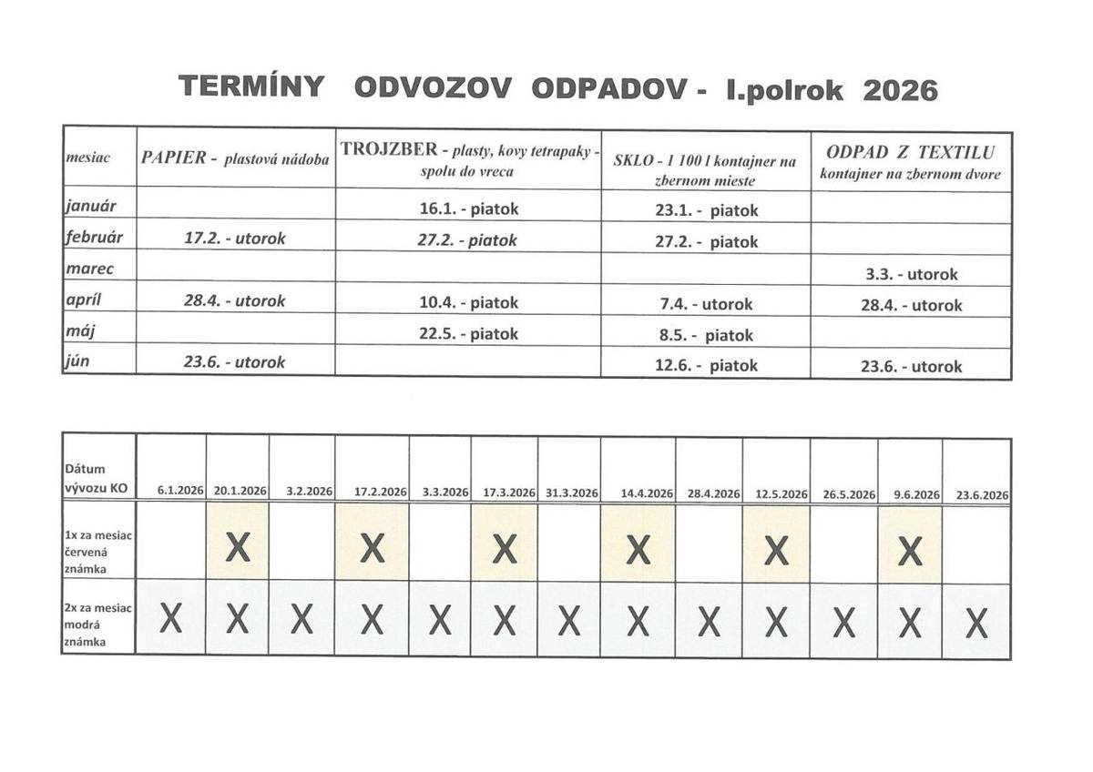 Termíny vývozu odpadov - I. polrok 2026