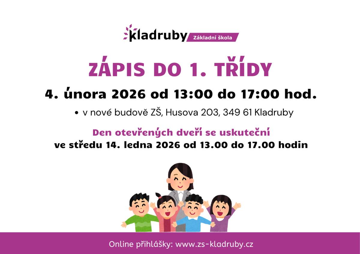 Zápis do 1. třídy Základní školy Kladruby se koná 4. února 2026 od 13:00 do 17:00 hodin v nové budově školy. Kromě samotného zápisu se můžete těšit na den otevřených dveří, který proběhne 14. ledna 2026 včetně možnosti prohlídky prostor školy.
