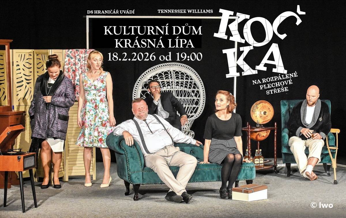 DS Hraničář uvádí Pulitzerovou cenou ověnčené drama Tennessee Williamse v překladu Zuzany Joskové, Kočka na rozpálené plechové střeše. Když se bojíme žít své vlastní životy dle vlastní touhy, tak nám nezbývá než naplňovat černobílá klišé.   Neschopnost komunikovat mezi nejbližšími vytváří dusno, které stále visí ve vzduchu a každý má nějaké tajemství, nebo alespoň neříká úplnou pravdu. Hrají: MARGARETA Tereza Rauch BRICK Martin Růžička IDA  Helena Posseltová OTEC Rostislav Křivánek MAE Monika Herinková GOOPER Jaromír Rauch Režie: Miroslav Řebíček Scéna: Miroslav Řebíček, Radim Purchart Kostýmy: Miroslav Řebíček, Tereza Rauch  Dramaturgie a úprava textu: Miroslav Řebíček, Martin Růžička Fotografie: Ivo Šafus   Délka 120 minut bez přestávky.  Vstupné 100 Kč.