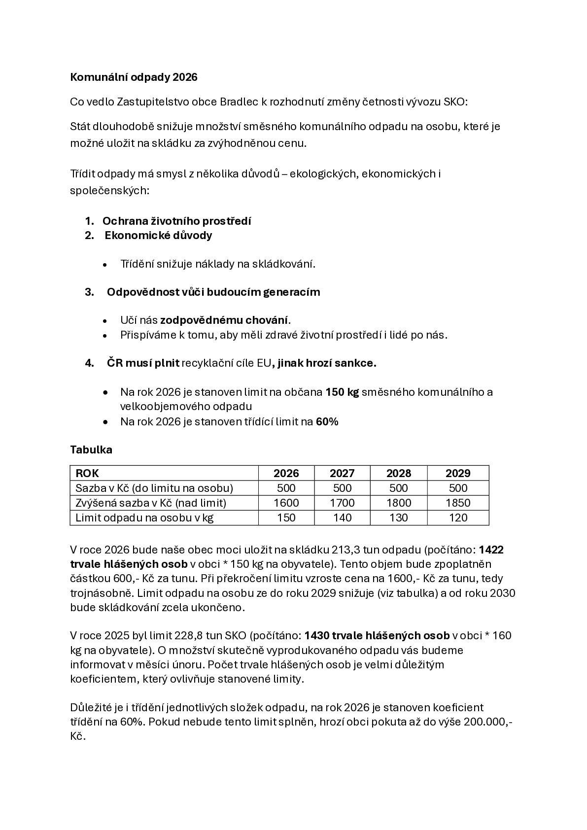 Informace ke svozu směsného komunálního odpadu od 1.1.2026