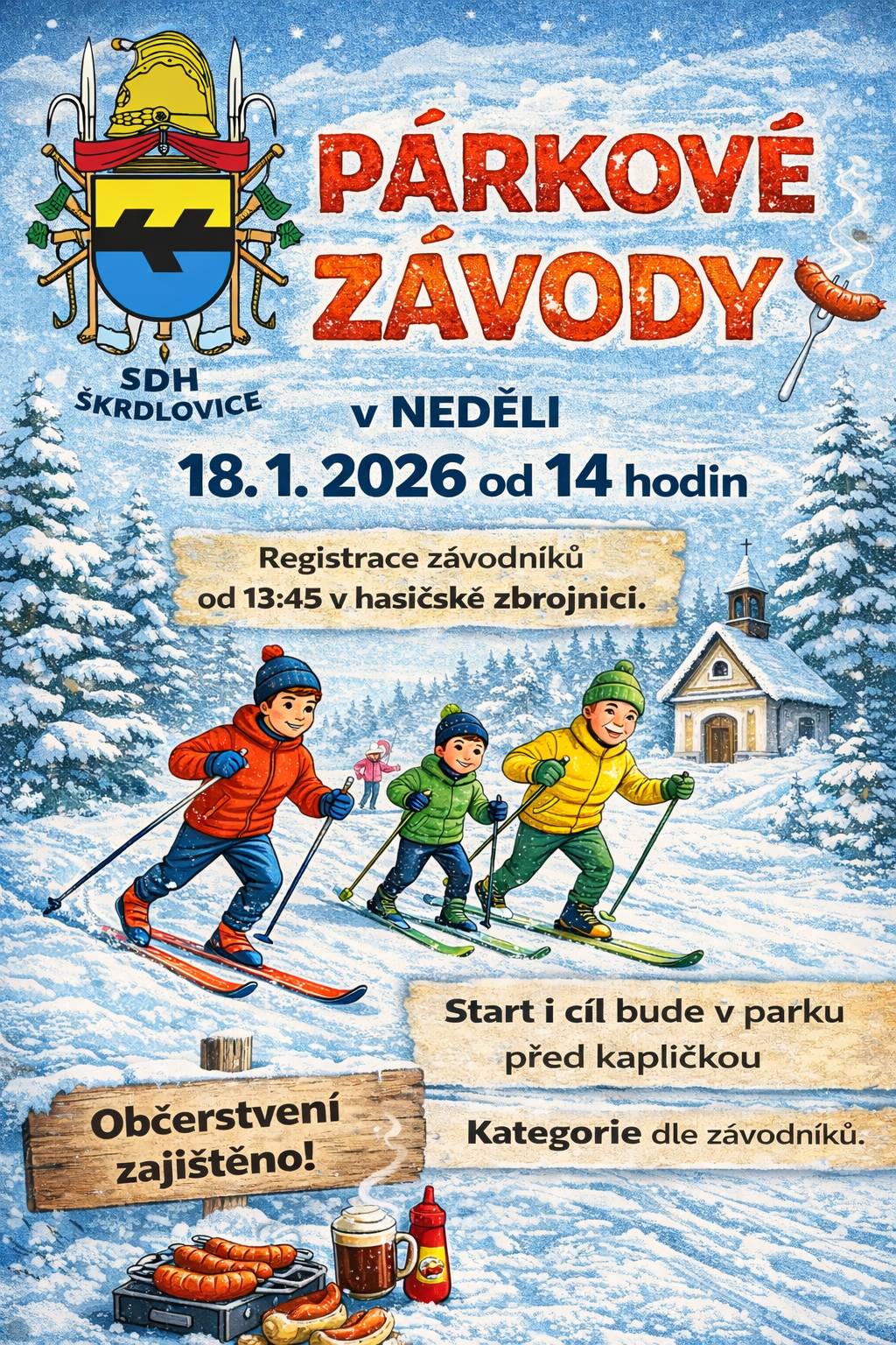 SDH Škrdlovice vás srdečně zve na PÁRKOVÉ ZÁVODY NA BĚŽKÁCH, které se uskuteční 📅 v neděli 18. 1. 2026 🕑 od 14:00 hodin 📝 Registrace závodníků: od 13:45 v hasičské zbrojnici 📍 Start i cíl: park před kapličkou 👨👩👧👦 Kategorie: dle závodníků 🌭 Občerstvení zajištěno 👉 Nemáte běžkařskou výbavu? Dejte nám vědět svůj zájem a velikost bot, pokusíme se vám vybavení zajistit. 👉 Máte doma nevyužité běžky? Ozvěte se nám, jakou velikost bot, lyží a hůlek můžete zapůjčit, a pomozte tak ostatním, kteří si chtějí zazávodit a užít si prima zimní odpoledne. Kontaktujte Josefa N. ml. Těšíme se na vás na sněhu! ❄️🎿 🧑🚒 Hasiči Škrdlovice 🧑🚒