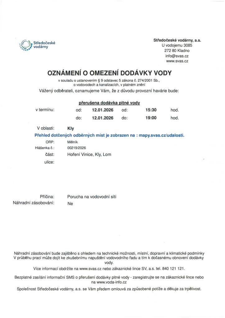 Středočeské vodárny oznamují přerušení dodávky pitné vody od 15:30 do 19:00 hod. - porucha.