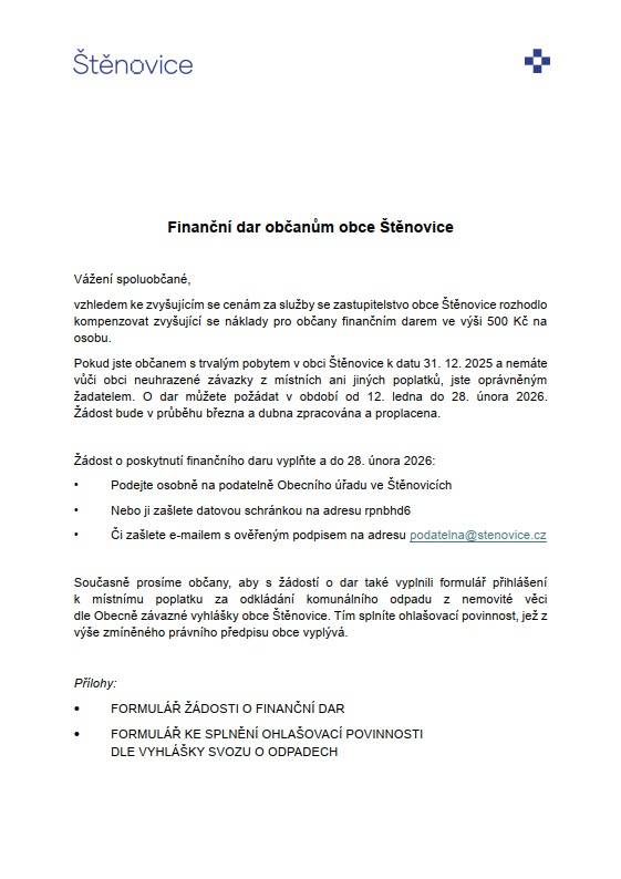 Finanční dar občanům s trvalým pobytem v obci k datu 31.12.2025