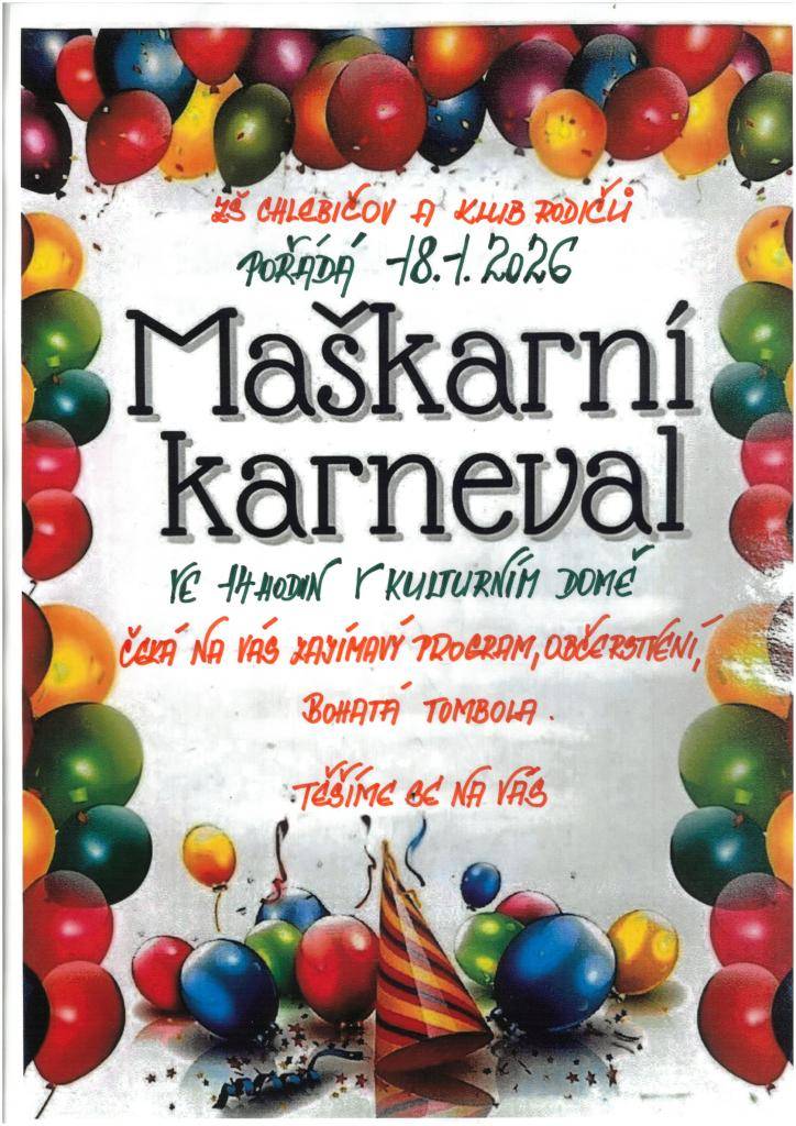 Maškarní karneval pro děti  v neděli 18. 1. 2026 od 14:00 v kulturním domě.
