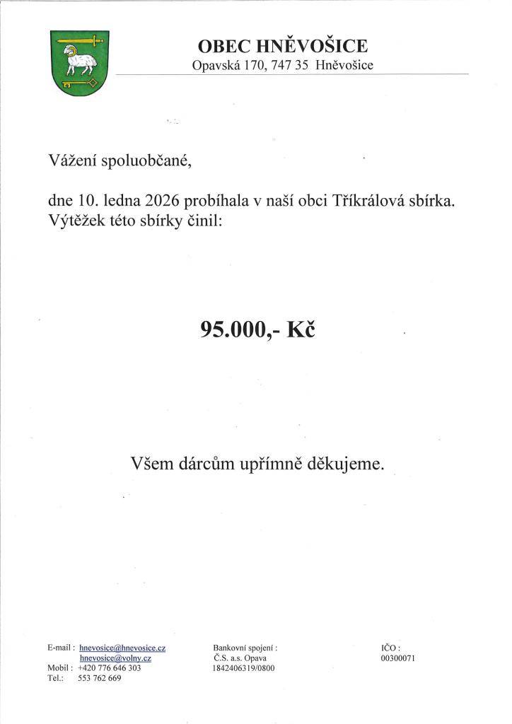 Výtěžek Tříkrálové sbírky