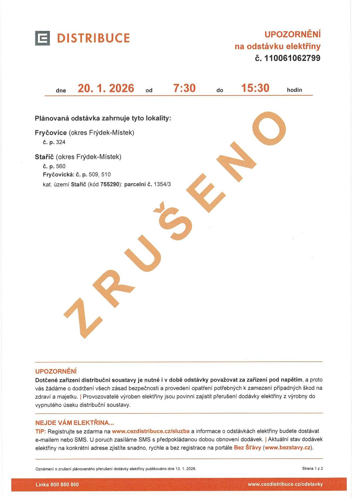 ČEZ informuje o zrušení plánované odstávky elektřiny dne 20.01.2026.