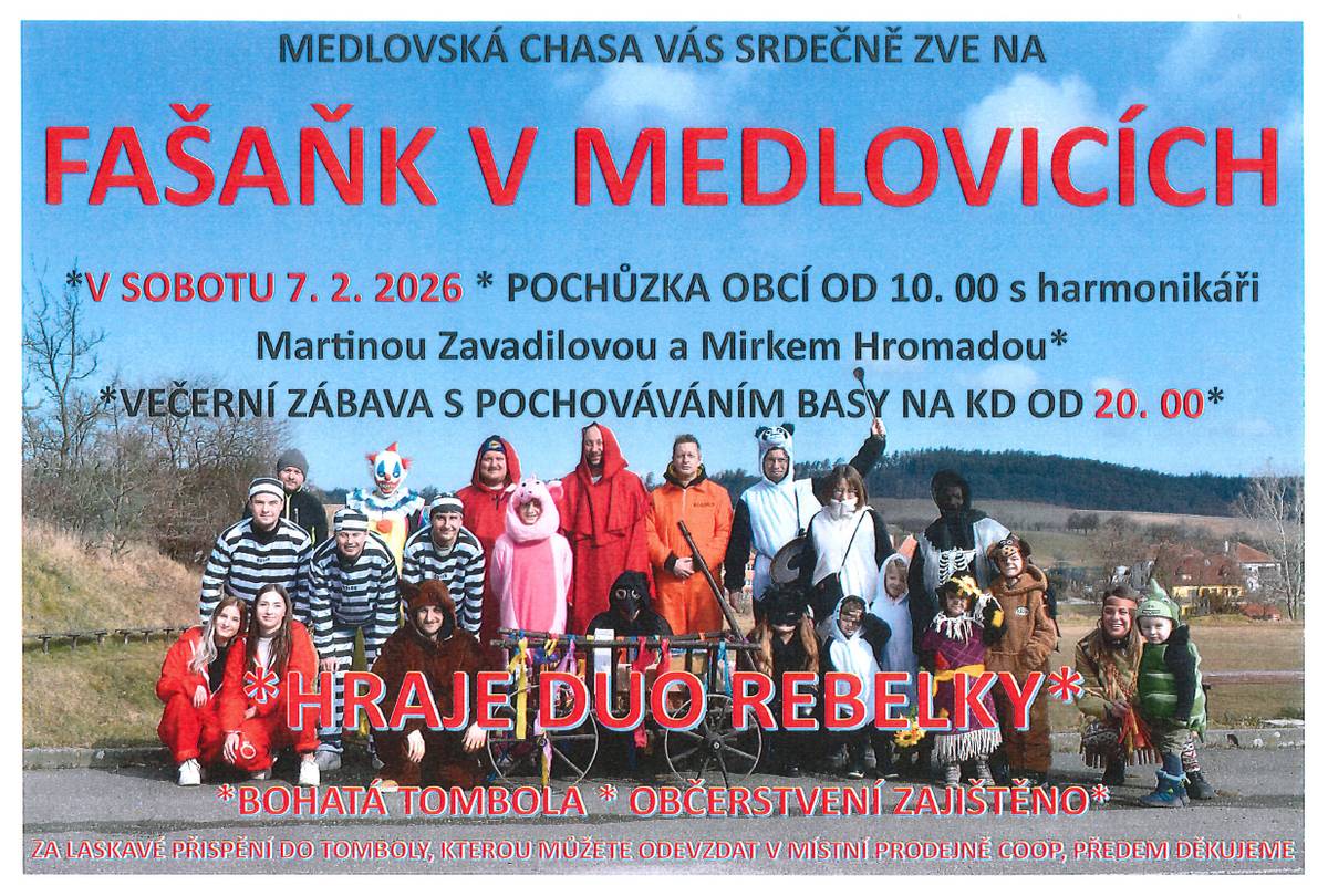 V sobotu 7. 2. 2026 pochůzka obcí od 10:00 a večerní zábava na KD od 20:00.