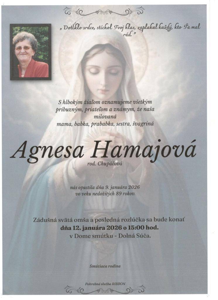 Posledná rozlúčka so zosnulou bude v pondelok 12.01.2026 o 15,00 hodine v Dome smútku v Dolnej Súči.    Smútiacim pozostalým vyslovujeme úprimnú sústrasť.