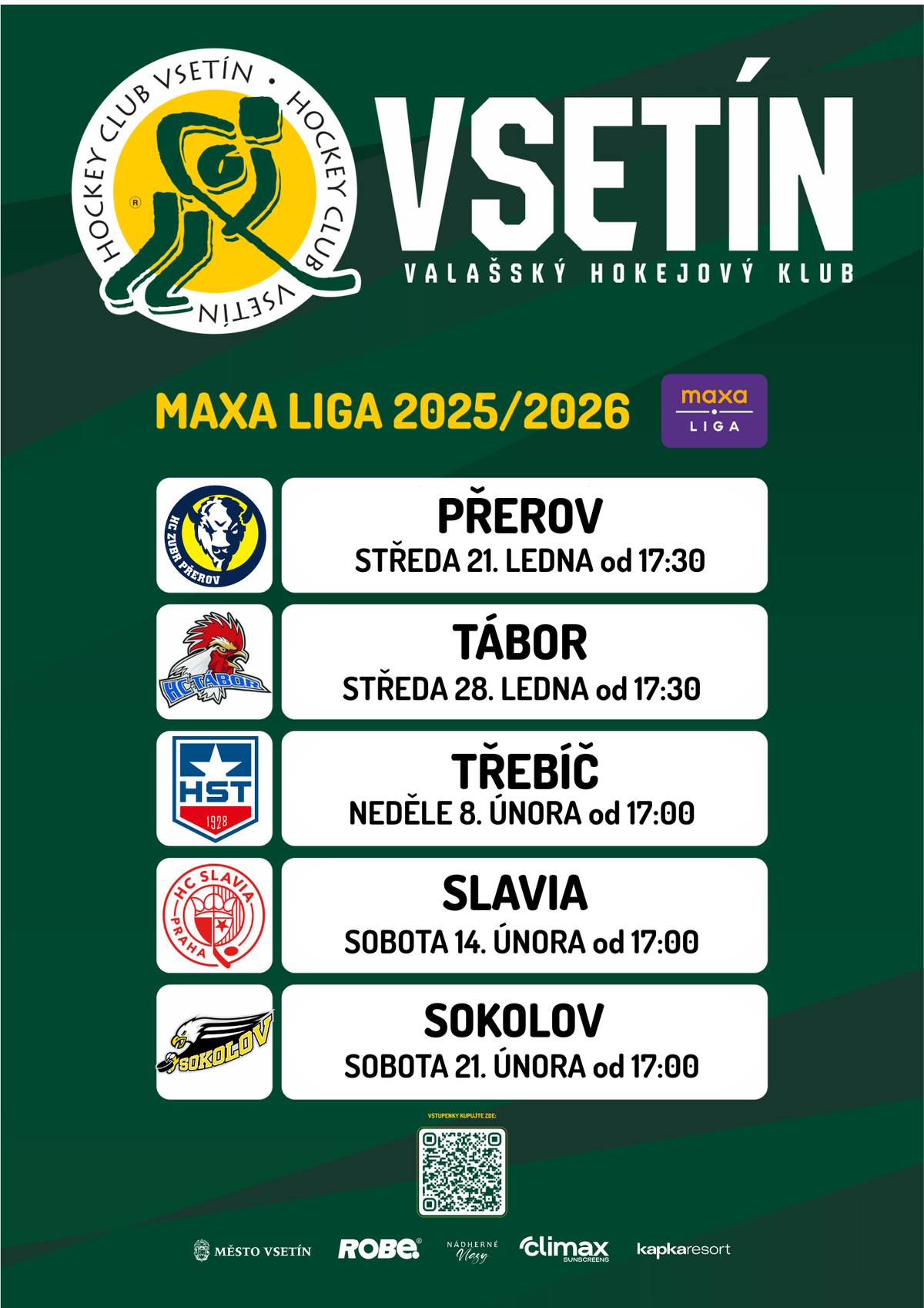 Pozvánka na domácí zápasy VHK Robe Vsetí