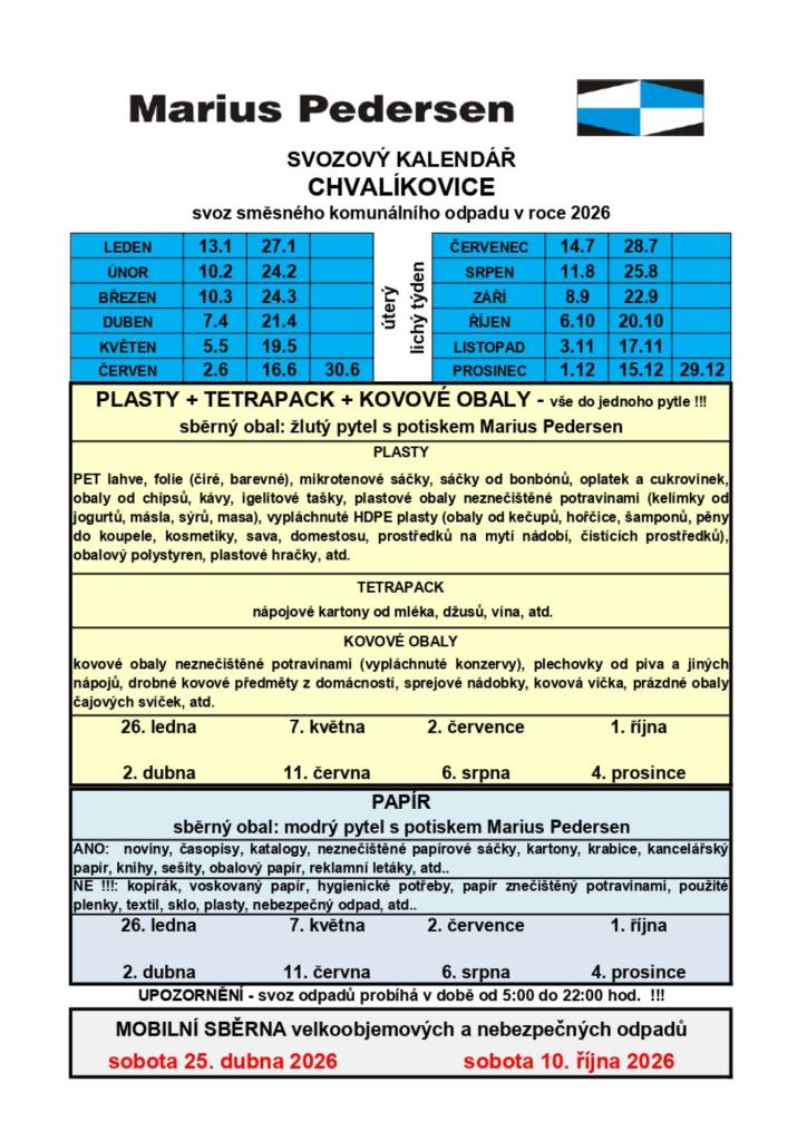 Nově je možné odkládat pytle s plasty a papírem na vyznačené místo za budovou Sokolovny, a to vždy v pondělí od 8:00 do 17:00 hodin.  Důležité:  Nadále probíhá pravidelný svoz plastů a papíru dle svozového kalendáře. V den svozu prosíme nachystejte pytle před své domy, jako doposud.