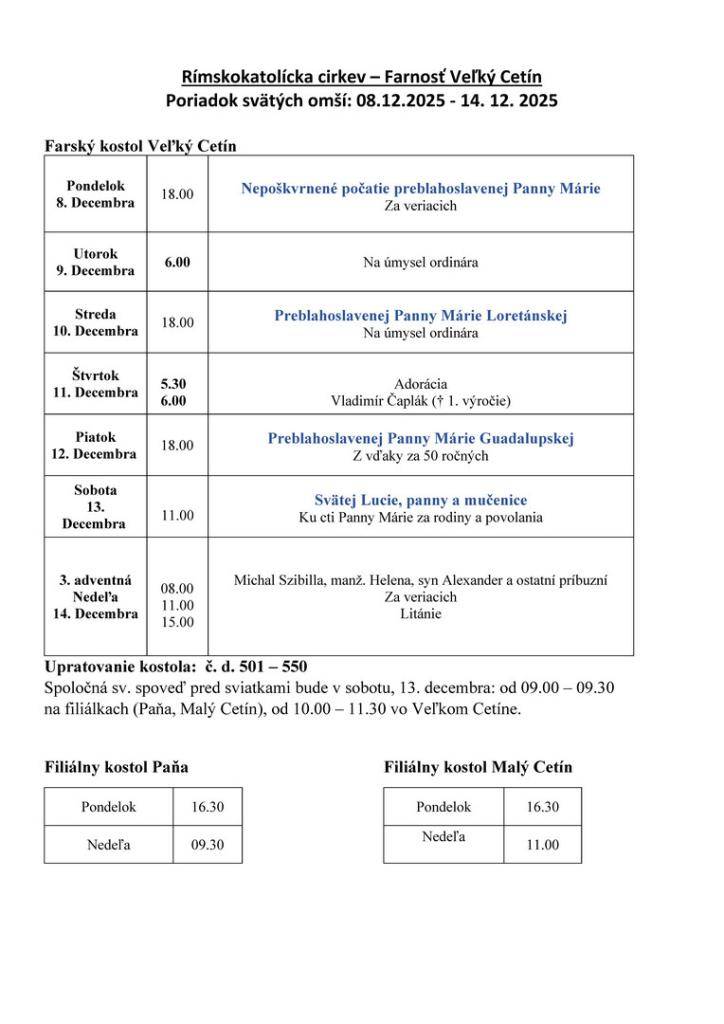 Poriadok svätých omší: 8.12.2025 - 14. 12. 2025