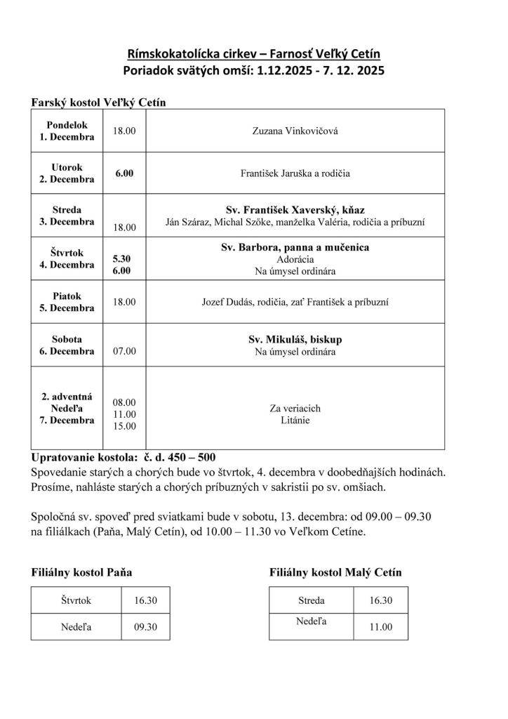 Poriadok svätých omší: 1.12.2025 - 7. 12. 2025