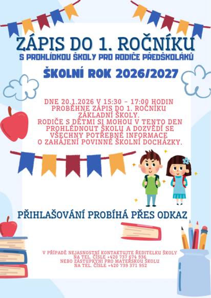 Zveme všechny rodiče budoucích prvňáčků na zápis do 1. ročníku základní školy, který je spojen s prohlídkou školy 👨👩👧👦🏫 📅 Úterý 20. 1. 2026 🕒 15:30–17:00 📍 Základní škola 👧🧒 Děti si mohou školu prohlédnout, rodiče získají veškeré informace o zahájení povinné školní docházky a organizaci školy. 📞 V případě dotazů: ZŠ: 737 674 936 MŠ: 420 739 371 952 Těšíme se na setkání s vámi i vašimi dětmi 💙✨