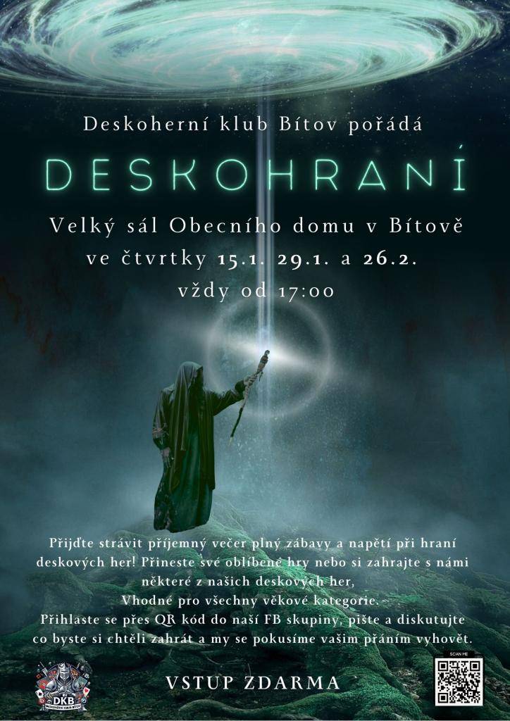 Deskoherní klub pořádá akci Deskohraní ve Velkém sále Obecního domu v Bítově.