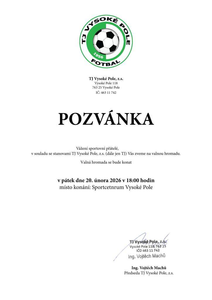 V pátek dne 20. února 2026 v 18:00 hodin  místo konání: Sportcetnrum Vysoké Pole