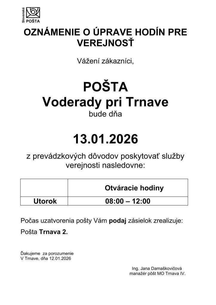 13.01.2026 od 08:00 do 12:00 hod.