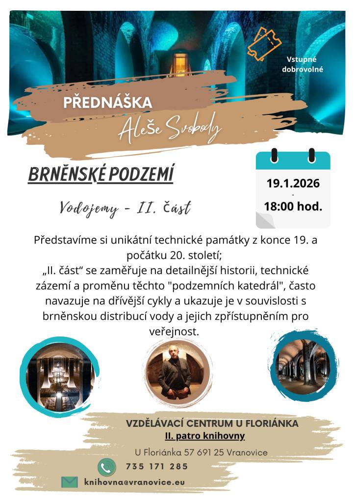 Zveme vás na pokračování oblíbené přednášky Aleše Svobody, která vás zavede do fascinujícího světa brněnského podzemí. Tentokrát se detailně zaměříme na historii, technické řešení a proměnu vodojemů z konce 19. a počátku 20. století, přezdívaných „podzemní katedrály“.