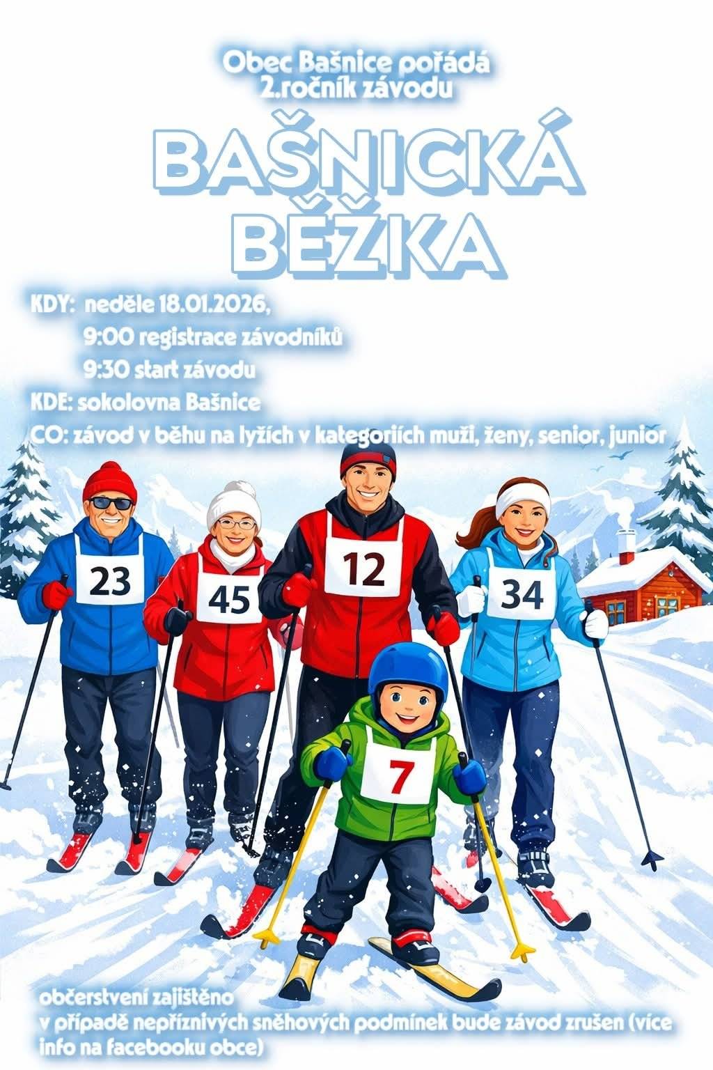 Obec Bašnice pořádá 2. ročník závodu Bašnická běžka. Bude se konat v neděli 18.1.2026. více info na FB obce Bašnice