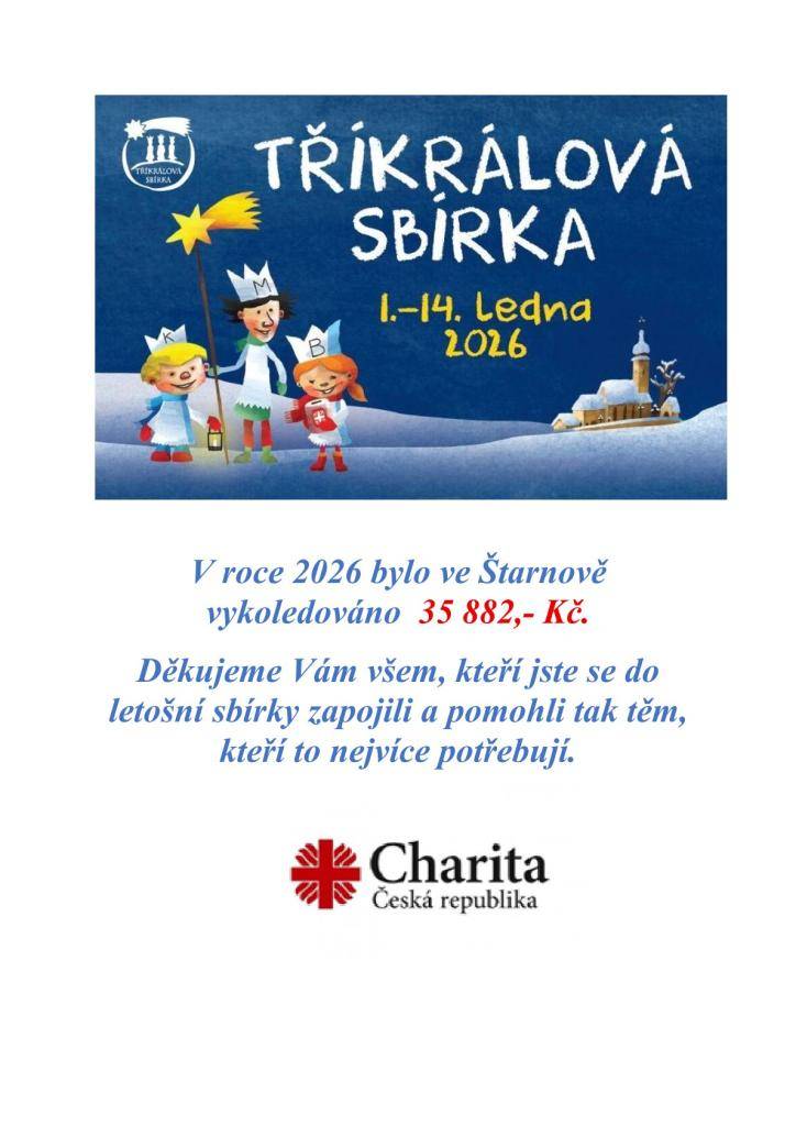 V roce 2026 se ve Štarnově uskutečnila Tříkrálová sbírka, ve které bylo vykoledováno 35 882 Kč. Děkujeme všem, kteří se zapojili a pomohli těm, kteří to potřebují.