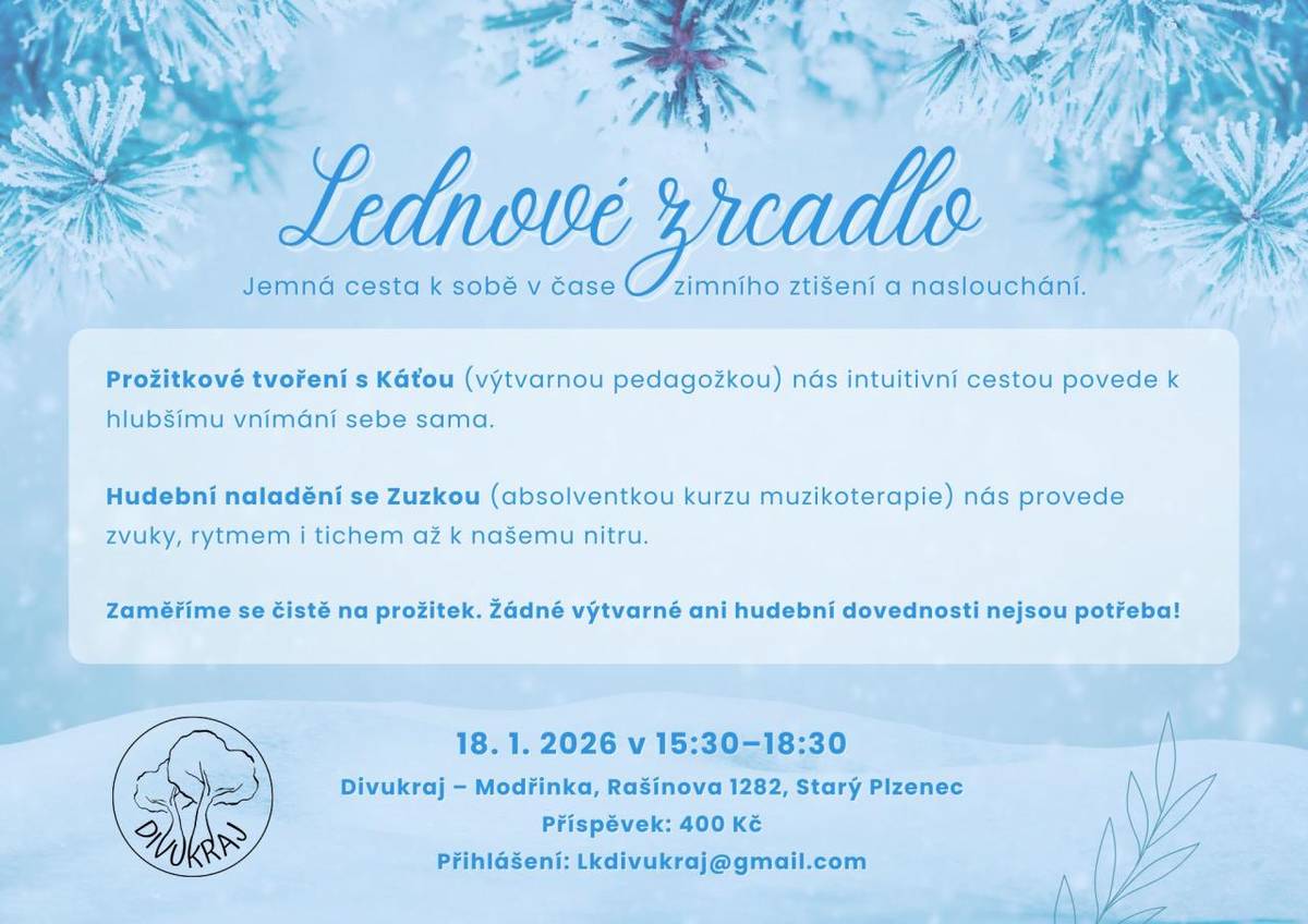 Zaměříme se na prožitek a intuici, přičemž žádné předchozí výtvarné ani hudební dovednosti nejsou nutné. Přijďte se s námi ponořit do klidu zimního ztišení a objevte své nitro skrze zvuky a rytmus.