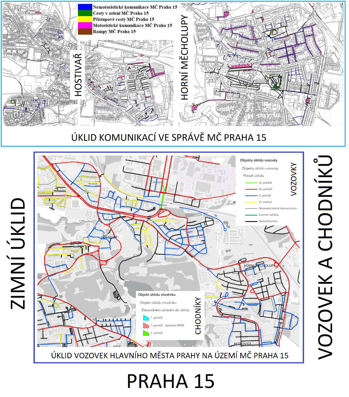 Nejdříve aktuální info k zimním úklidům komunikací: Úklidy vozovek a chodníků ve správě městské části Praha 15 probíhají a zřejmě ještě budou celý den i zítra, kdy by měly být ošetřeny všechny. Zítra také končí výstraha před ledovkou a snad přijde i obleva. Které vozovky a chodníky to jsou, najdete na přiložené mapě a podrobněji též ZDE. Úklidy vozovek a chodníků hlavního města Prahy probíhají podle pořadí úklidu na vozovkách a chodnících v prvním pořadí a částečně ve druhém pořadí. Na vozovky ve třetím pořadí se zřejmě do oblevy řada nedostane a další, poměrně významnou část komunikací, hl. m. Praha neudržuje vůbec. Které vozovky a chodníky to jsou, uvádíme na přiložené mapě a podrobněji též ZDE Další podrobnosti: ZIMNÍ ÚKLID KOMUNIKACÍ HLAVNÍHO MĚSTA PRAHY  Zimní úklid 2025/2026 komunikací se v hlavním městě Praze řídí Plánem zimní údržby komunikací hl. m. Prahy schváleným  Usnesením Rady HMP č. 2372 ze dne 20.10.2025 a dále pak zákonem č. 13/1997 Sb., o pozemních komunikacích, ve znění pozdějších předpisů, Vyhláškou hl. m. Prahy č. 39/1997 Sb. HMP, o schůdnosti místních komunikací, v platném znění, Vyhláškou hl. m. Prahy č. 8/2008 Sb. HMP o udržování čistoty na ulicích a jiných veřejných prostranstvích (vyhláška o čistotě) v platném znění a Nařízením HMP č. 18/2010 Sb. HMP, o vymezení úseků místních komunikací a chodníků, na kterých se nezajišťuje sjízdnost a schůdnost odstraňováním  sněhu a náledí, v platném znění a Vyhláškou Ministerstva dopravy a spojů .č 104/1997 Sb., kterou se provádí zákon o pozemních komunikacích, v platném znění. Komunikace, na nichž provádí pro hlavní město Praha zimní údržbu TSK jsou vyznačeny v mapě TSK – odkaz https://tskarcgis.westeurope.cloudapp.azure.com/zuk/. ZIMNÍ ÚKLID KOMUNIKACÍ VE SPRÁVĚ MĚSTSKÉ ČÁSTI PRAHA 15  Zimní úklid komunikací a chodníků ve správě městské části Praha 15 se řídí výše uvedenými právními předpisy a na základě Smlouvy o poskytování služeb letní a zimní údržby komunikací na území městské části Praha 15 č. SML-2024-10451. Úseky, na kterých provádí zimní údržbu Městská část Praha 15 najdete na: https://www.praha15.cz/mapy%2Dkomunikaci%2Dktere%2Duklizi%2Dmc%2Dpraha%2D15/d-1652/p1=1797 . Zimní údržbu komunikací ve vlastnictví soukromých subjektů zajišťuje jejich vlastník. Michal Frauenterka, místostarosta pro dopravu městské části Praha 15
