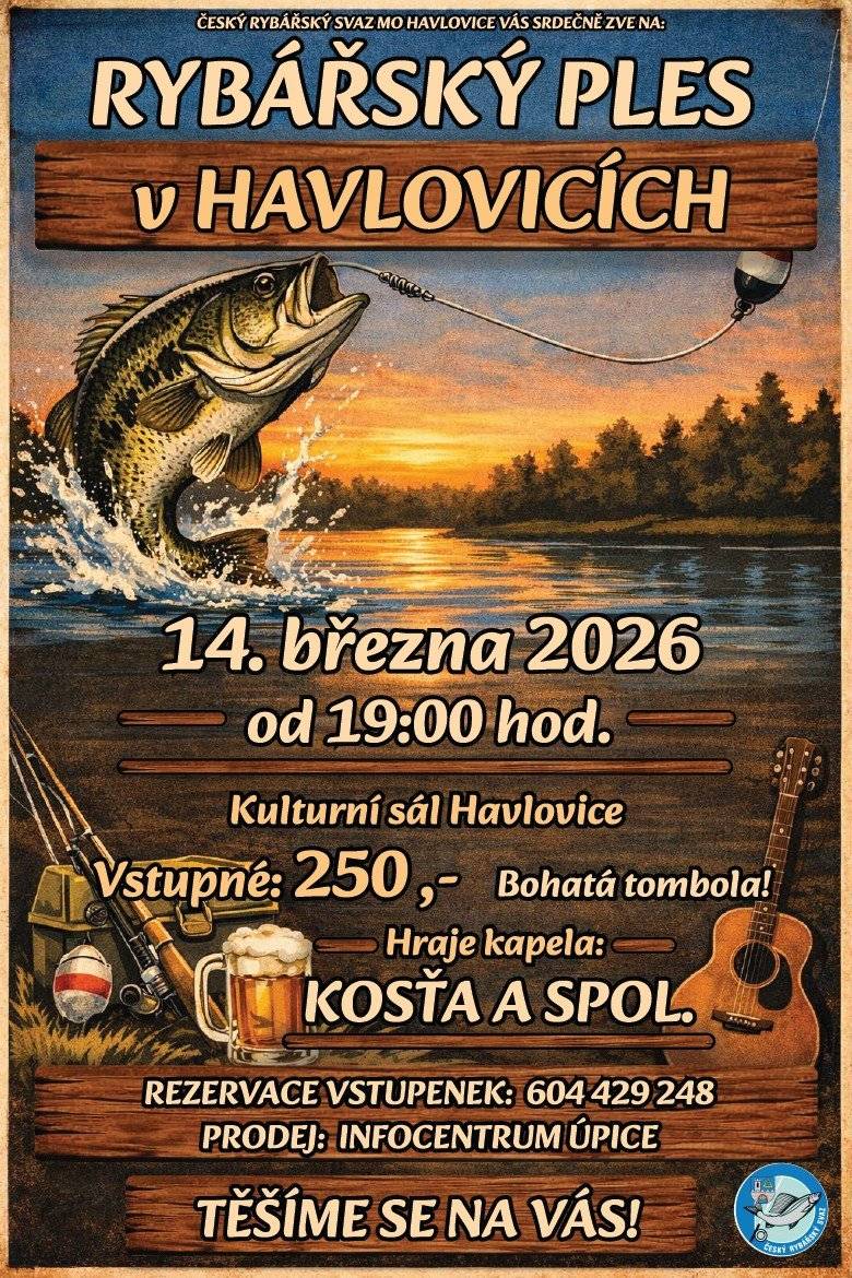 Český rybářský svaz MO Havlovice Vás srdečně zve na Rybářský ples, který se bude konat 14. března 2026 od 19:00 hodin v kulturním domě v Havlovicích.
