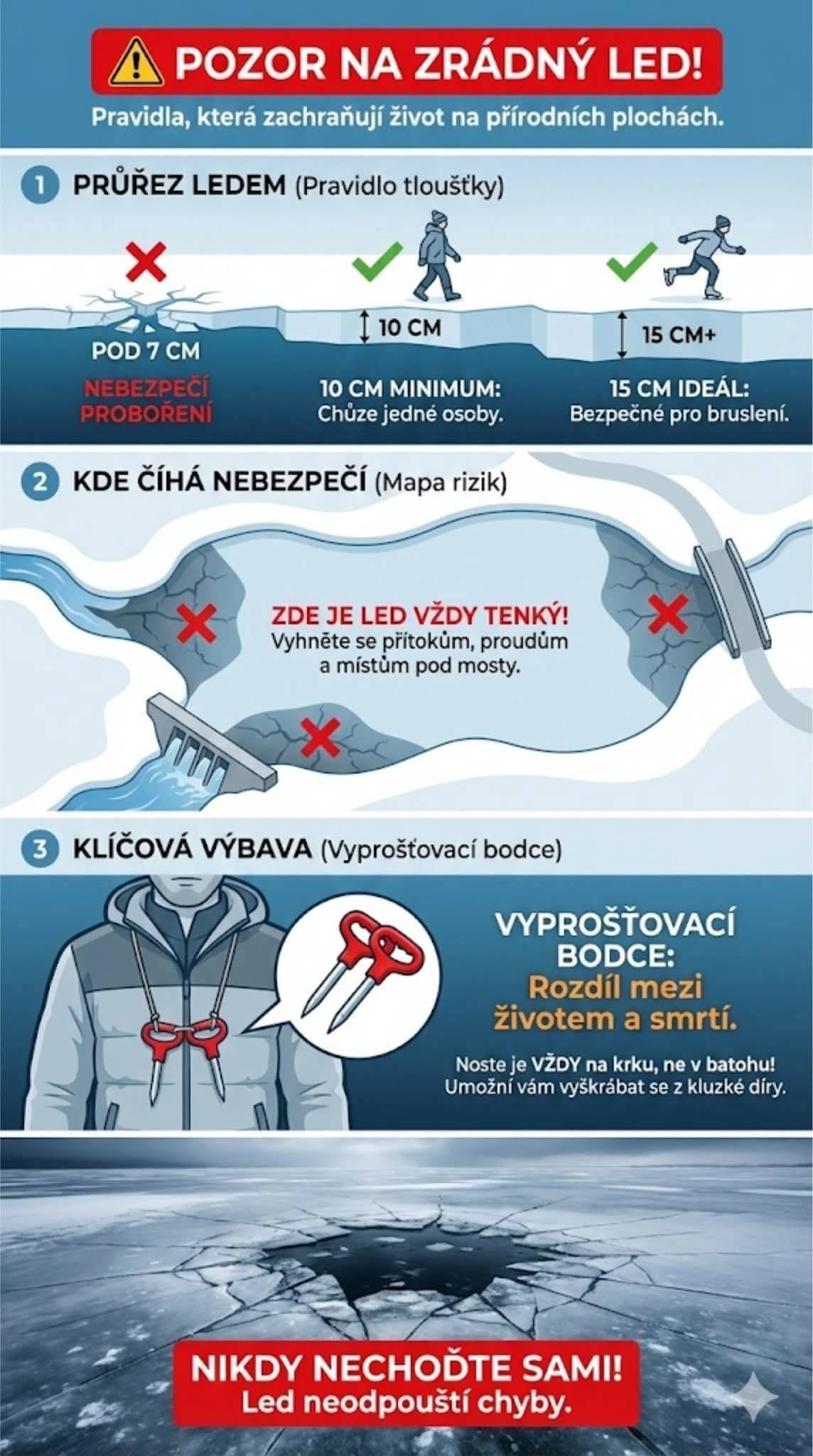Smutná událost z Vranovské přehrady je varováním pro nás všechny. 🚒 Zásady hasičů před vstupem na zamrzlou hladinu:  ⛸️ Nikdy nechoďte sami ⛸️ Bezpečný led má min. 10–12 cm ⛸️ U přítoků, hrází a mostů je led vždy slabší ⛸️ Mějte u sebe bodce ⛸️ Mobil nechte na břehu ❗ Dbejte doporučení hasičů. Neriskujte – život je přednější. 🙏