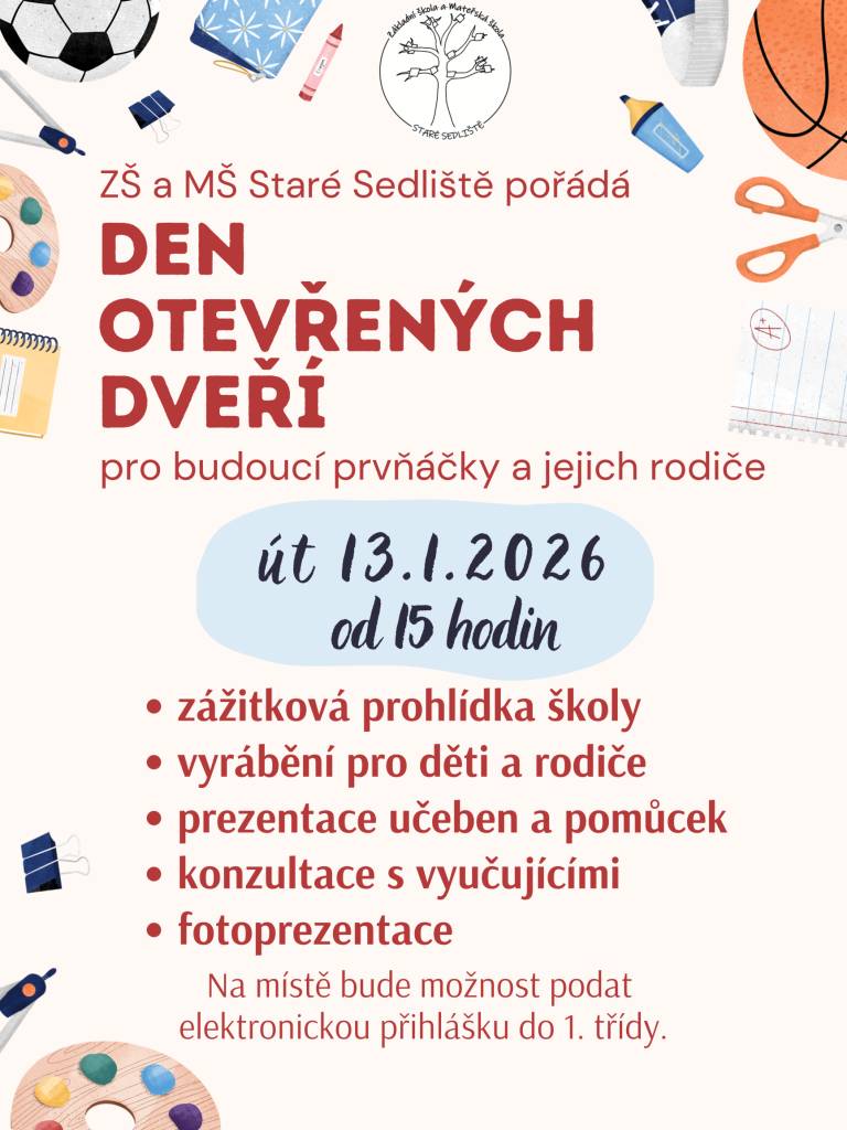 Srdečně zveme budoucí prvňáčky a jejich rodiče na zážitkovou prohlídku naší školy, která se koná v úterý 13. 1. 2026 mezi od 15 hodin.