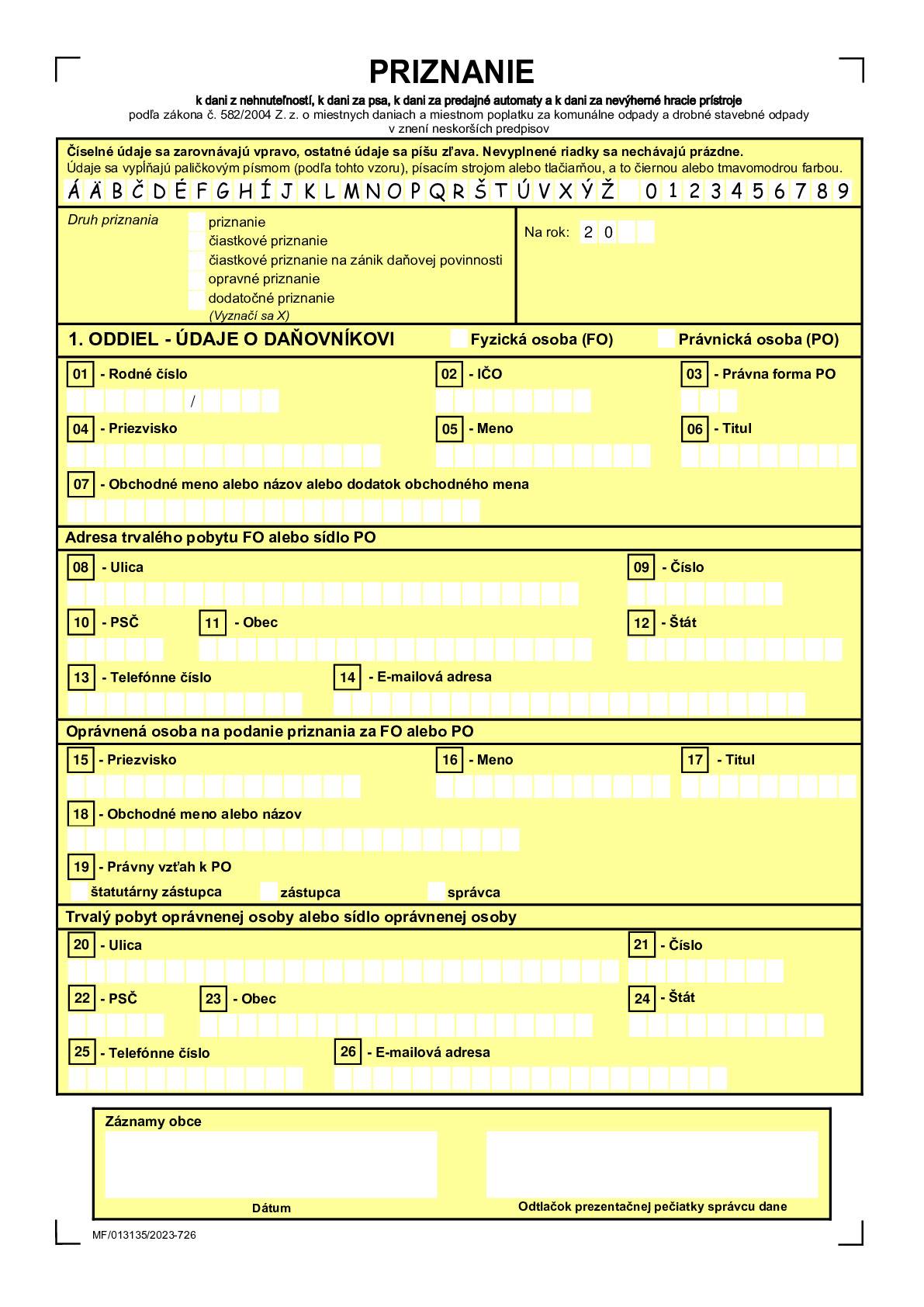 Obec Horná Kráľová oznamuje vlastníkom nehnuteľností, že majú zákonnú povinnosť podať priznanie k dani z nehnuteľností v prípade zmeny:  Nadobudnutie nehnuteľnosti / kúpa, darovanie, dedenie../ Zmena vlastníka Kolaudácia stavby alebo zmena účelu využitia Zmena v rozlohe alebo druhu pozemku, stavby Zánik nehnuteľnosti /predaj, búranie../ Podať daňové priznanie do 31.1.2026. Ak k žiadnej zmene nedošlo, priznanie sa podávať nemusí. Priznanie sa podáva na obecnom úrade v obci, kde sa nehnuteľnosť nachádza.  Vzor tlačiva nájdete v prílohe