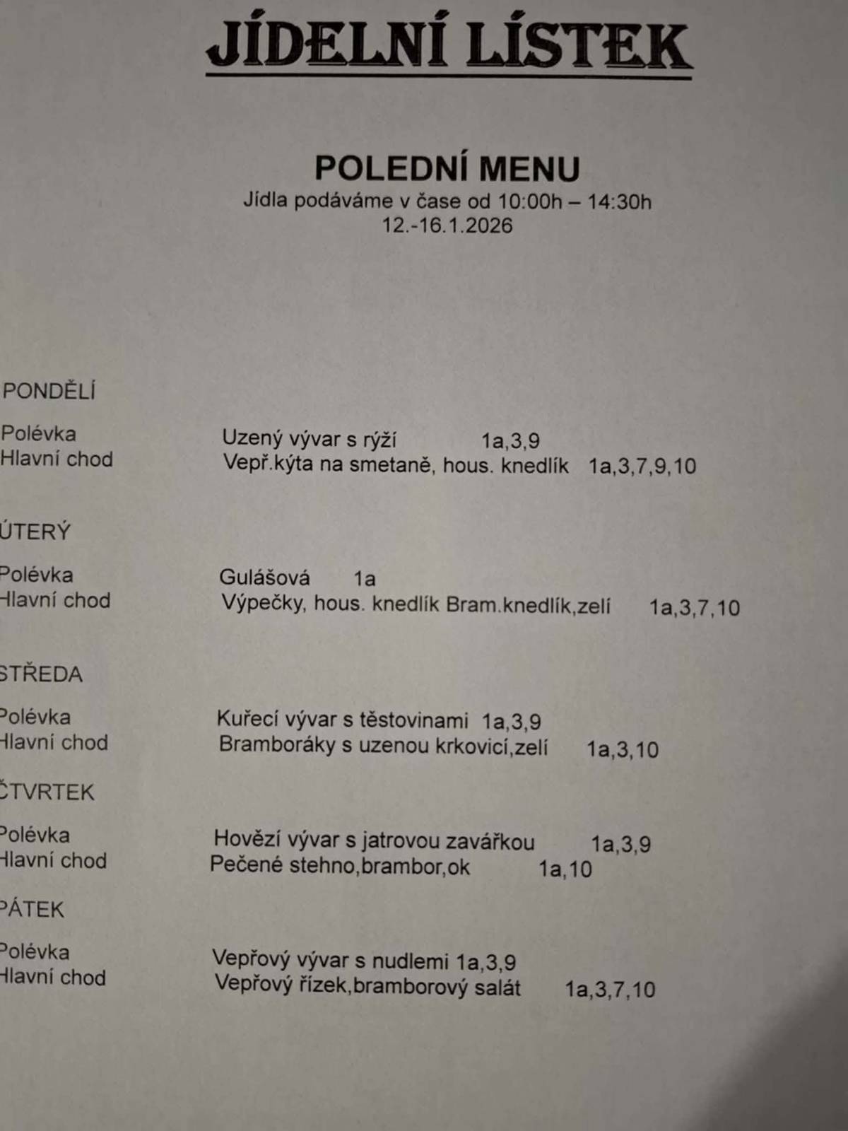 Jídelní lístek KD Pavlíkov od 12.1. do 16.1.2026