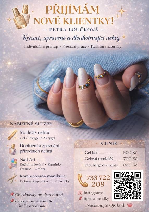 V naší obci nově přijímá klientky Petra Loučková, která nabízí profesionální péči o nehty s důrazem na kvalitu, preciznost a individuální přístup.