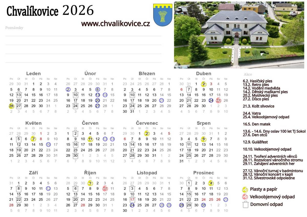 Kalendář svozu odpadu a akcí v obci Chvalíkovice na rok 2026.
