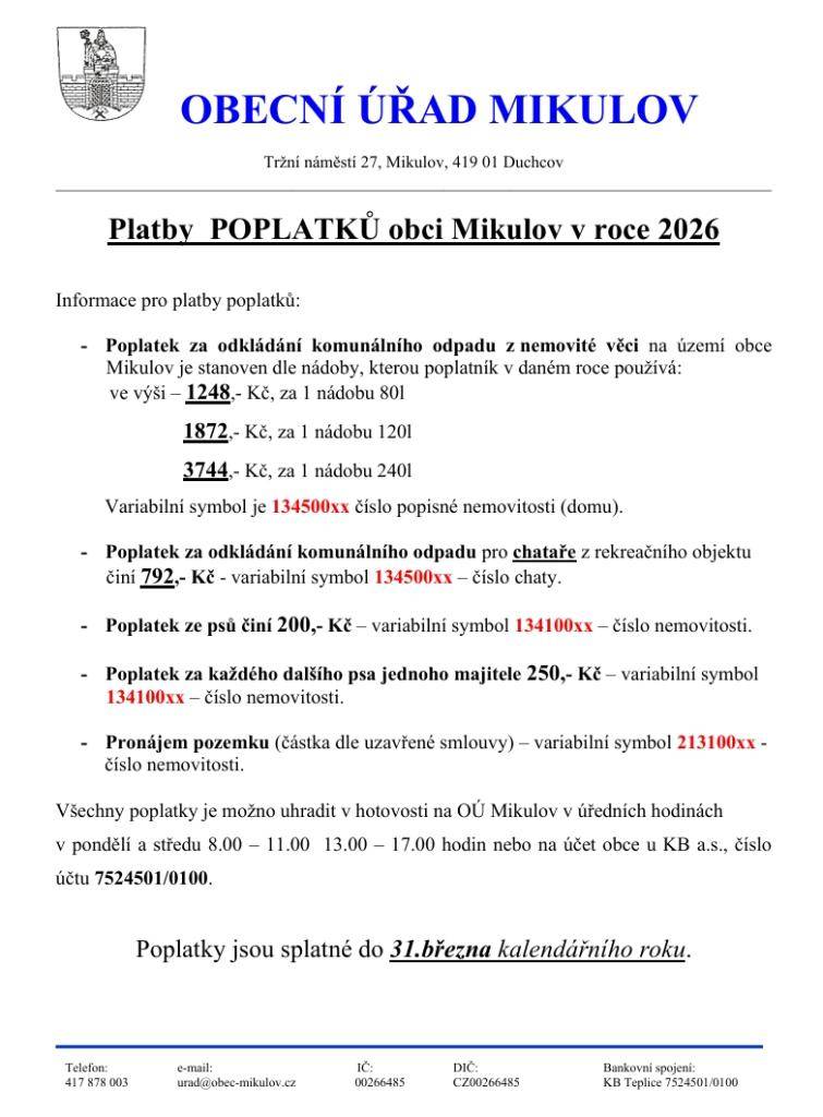 Platby POPLATKŮ obci Mikulov v roce 2026