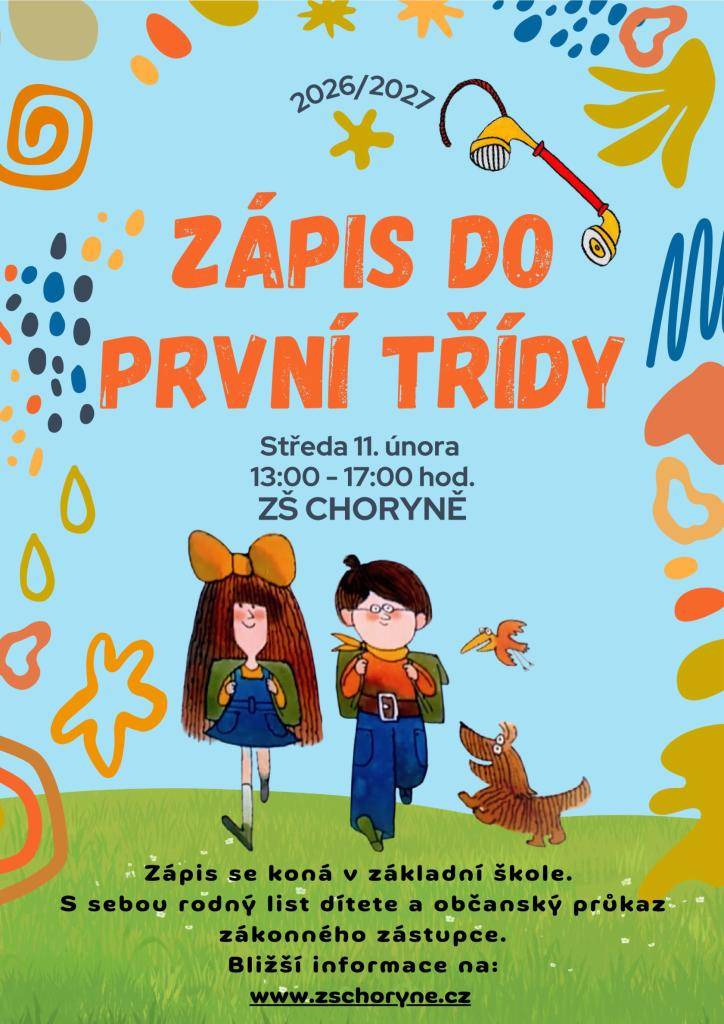 Ve středu 11.2.2026 se uskuteční zápis do ZŠ.  K zápisu do ZŠ je nutné přinést:  ➢ žádost o přijetí – možnost vyplnění na místě v době zápisu,  ➢ rodný list dítěte,  ➢ občanský průkaz zákonného zástupce,  ➢ u cizích státních příslušníků doklad o oprávnění k pobytu v ČR.
