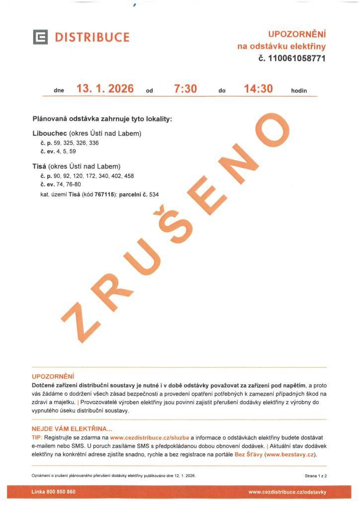 Oznámení o zrušení plánované odstávky elektrické energie dne 13.1.2026