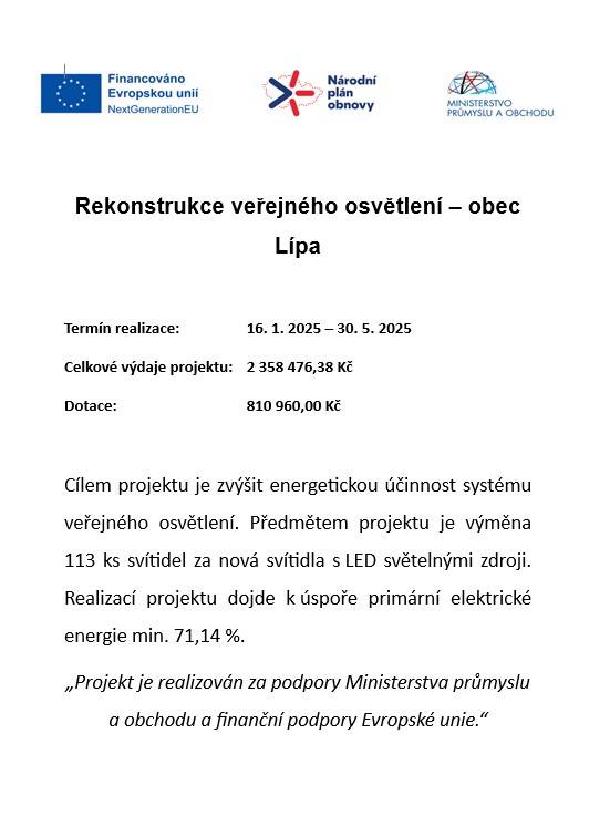 Projekt "Rekonstrukce veřejného osvětlení - obec Lípa"