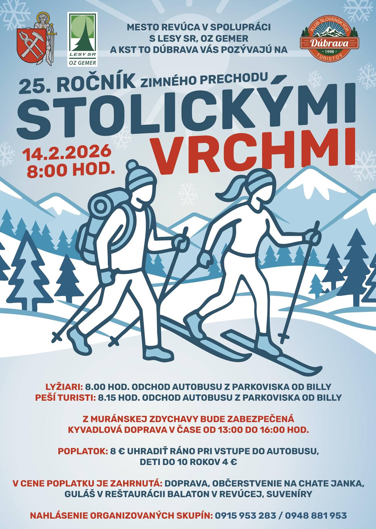 XXV. ročník Zimného prechodu Stolickými vrchmi 14. február 2026 Revúca – Muránska Zdychava Pridajte sa k jubilejnému 25. ročníku obľúbeného zimného podujatia v srdci Stolických vrchov. Čaká vás jedinečná atmosféra, krásne výhľady a skvelá turistická, a veríme, že počasie umožní, aj bežkárska trasa. Doprava Odvoz autobusom z parkoviska pri Bille v Revúcej (lyžiari o 8:00 h, peší turisti o 8:15 h), späť z Muránskej Zdychavy kyvadlovou dopravou od 13tej do 16tej. Občerstvenie Na Chate Janka a na záver teplý guláš v Reštaurácii Balaton v Revúcej. Suvenír Pri príležitosti jubilea čaká účastníka originálny pamätný suvenír – malá spomienka na veľký zimný zážitok. Účastnícky poplatok Dospelí 8 eur, deti do 10 rokov 4 eurá. Podujatie organizuje Mesto Revúca, Lesy SR, š. p. – OZ Gemer a KST Turistický oddiel Dúbrava s podporou partnerov. Príďte si užiť pohyb v prírode, zimnú pohodu a tradíciu, ktorá má na Gemeri svoje pevné miesto. Tešíme sa na vás. ❄️😊