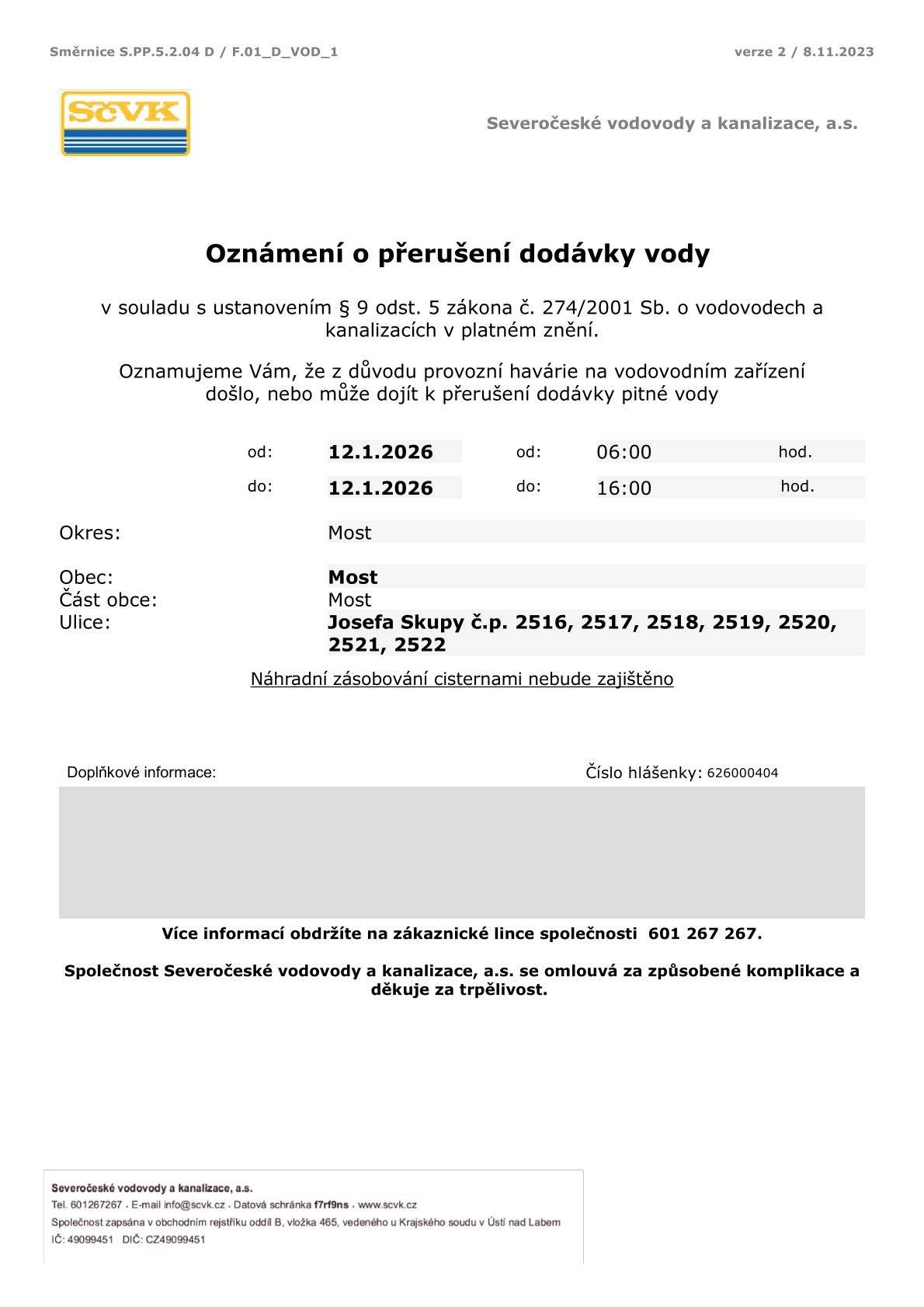 Možné přerušení dodávky pitné vody je prodlouženo do 16:00.