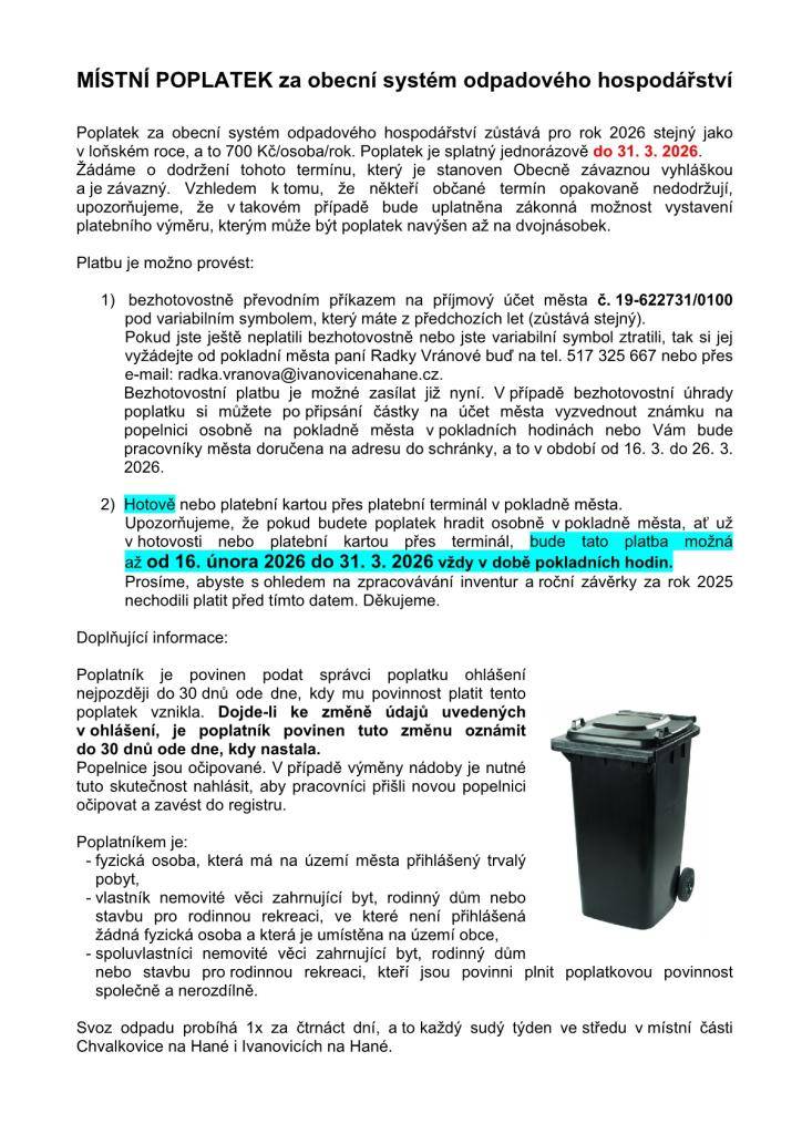 Platba místního poplatku za obecní systém odpadového hospodářství