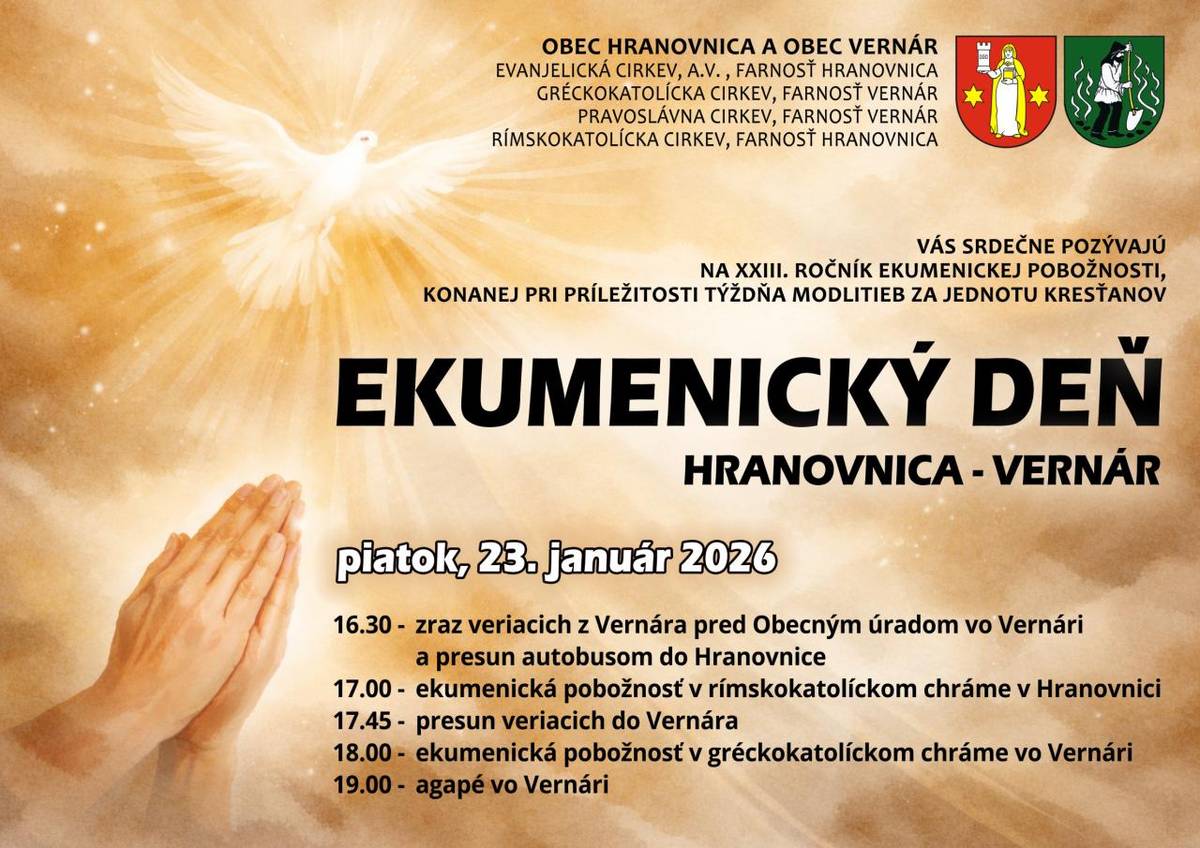 Vážení občania, srdečne Vás pozývame na Ekumenický deň, ktorý sa uskutoční v piatok 23. januára 2026.
