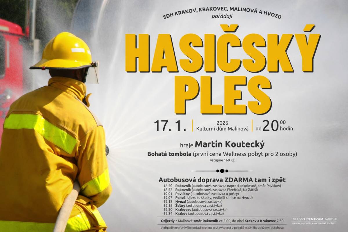 Sbory dobrovolných hasičů z Krakova, Krakovce, Malinové a Hvozdu Vás srdečně zvou v sobotu 17. ledna 2026 od 20 hodin na tradiční hasičský ples do kulturního domu v Malinové.