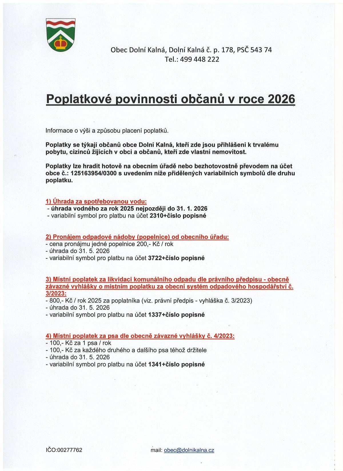 Informace o výši a způsobu placení poplatků.