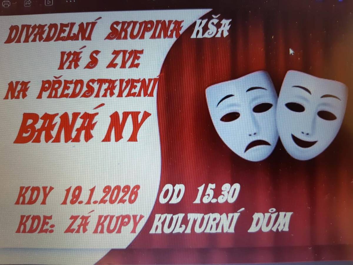 Divadlo se uskuteční 19. 1. 2026 od 15.30 hodin v klubovně KAS, kde je omezený počet míst.  Vstupné dobrovolné.