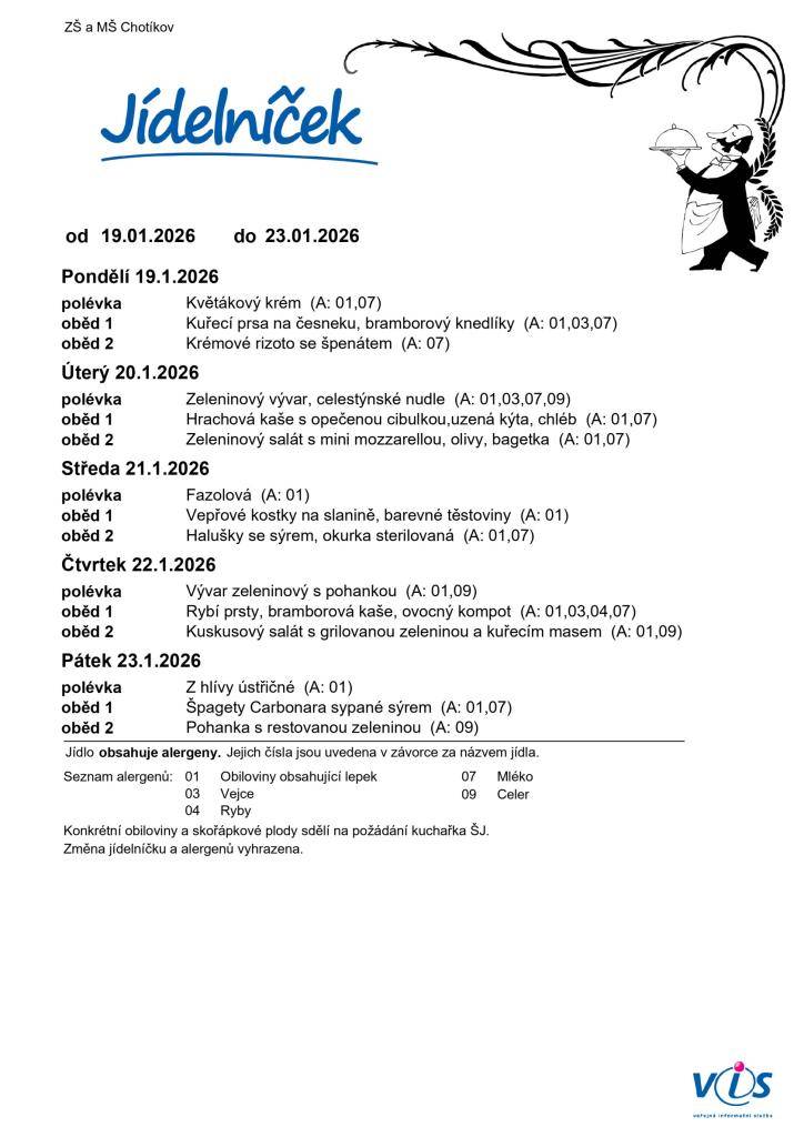 Jídelní lístek ZŠ a MŠ Chotíkov na týden 19. 01. 2026 - 23. 01. 2026.