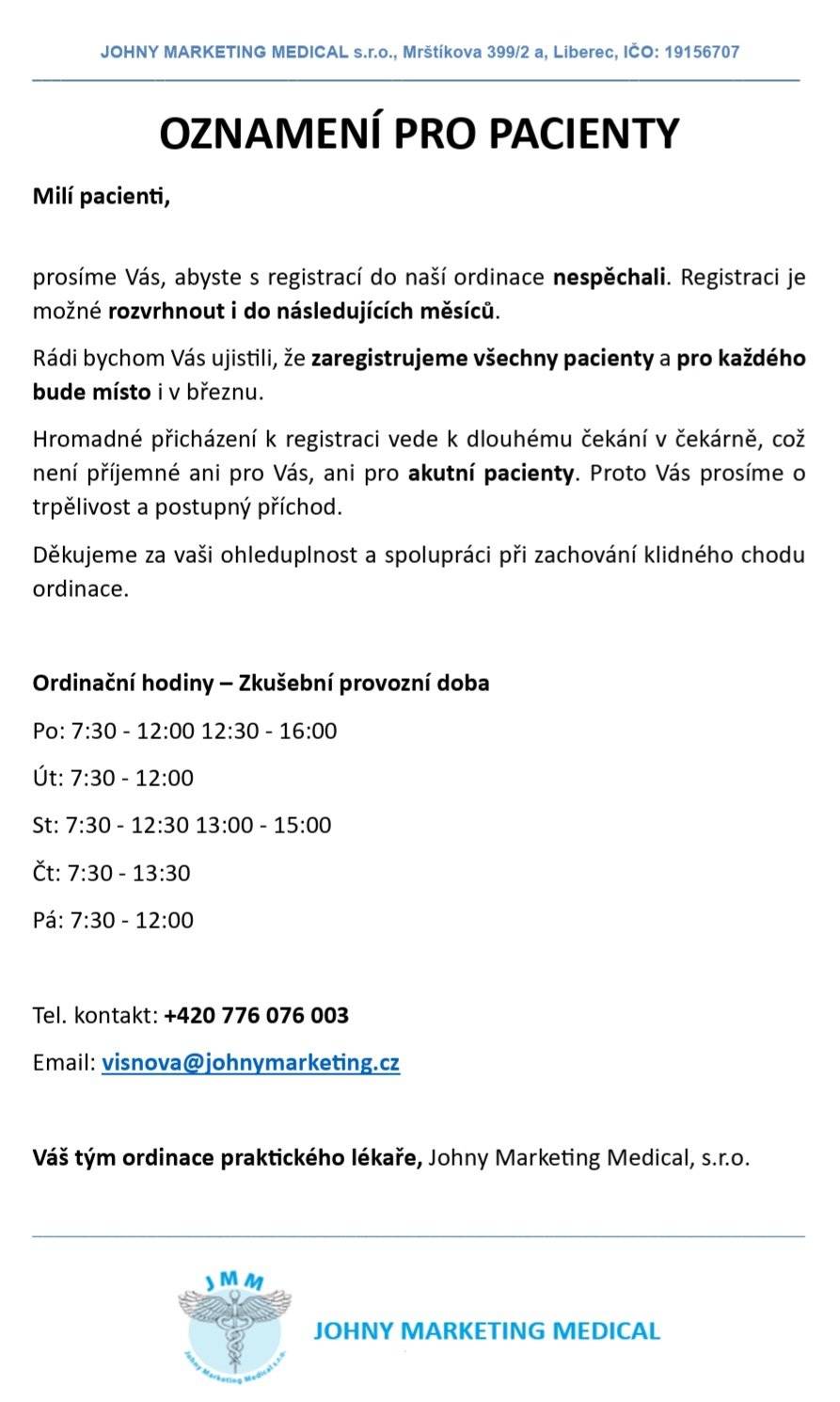 Informace k ordinaci praktického lékaře ve Višňové