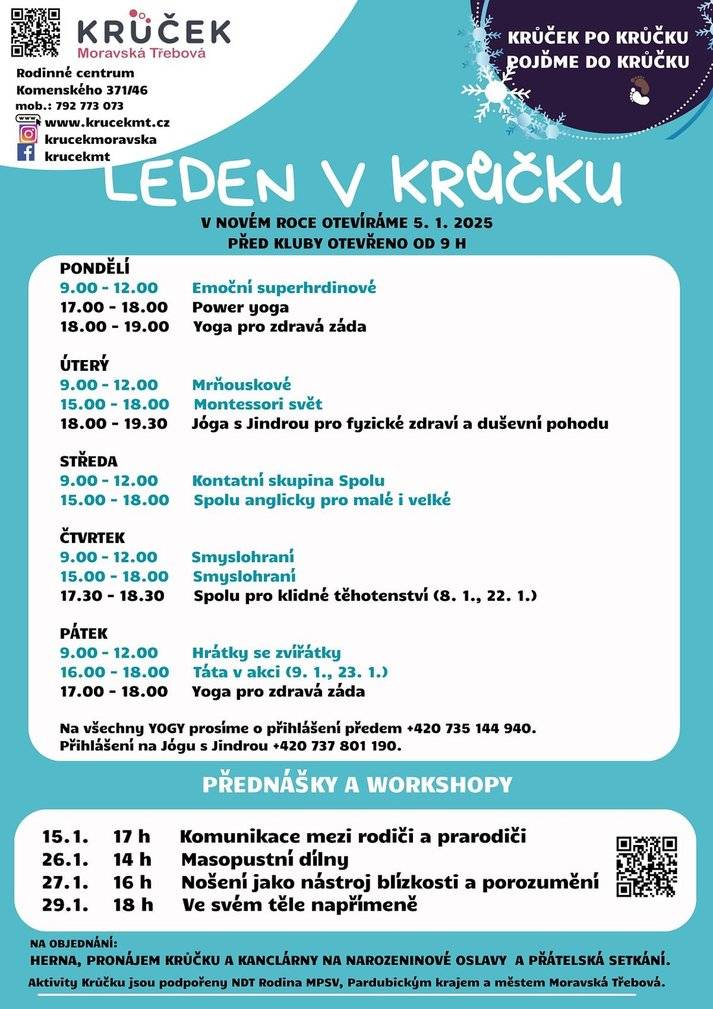 Lednové a únorové akce v rodinném centru Krůček Moravská Třebová Více informací na plakátu: