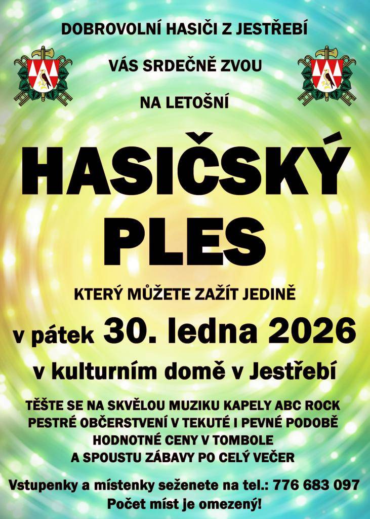 Dobrovolní hasiči z Jestřebí zvou na Hasičský ples 30.ledna 2026 v KD Jestřebí