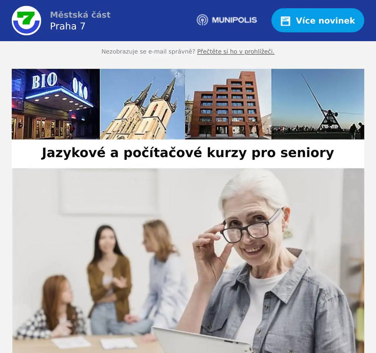 Od února jsme pro seniory starší 60 let trvale bydlící v Praze 7 opět připravili jazykové a počítačové kurzy. Budou se konat ve vzdělávacím a kulturním centru Elpida – Přístav, V Přístavu 1639/24, Praha 7.Registrace na níže uvedené kurzy budou probíhat v pátek 23. ledna 2026 od 9.00 do 13.00, pouze osobně v centru Elpida – Přístav, V Přístavu 1639/24. Vstup do budovy možný od 8.30. Registrace na kurzy bude omezena na jeden kurz na osobu, zájemce při registraci uhradí jednorázový regulační poplatek ve výši 50 Kč. Účast na kurzech je zdarma.